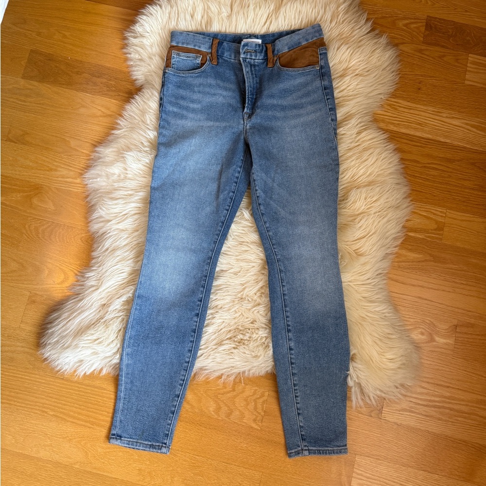 Good American Light Blue Skinny Jeans with Tan Details